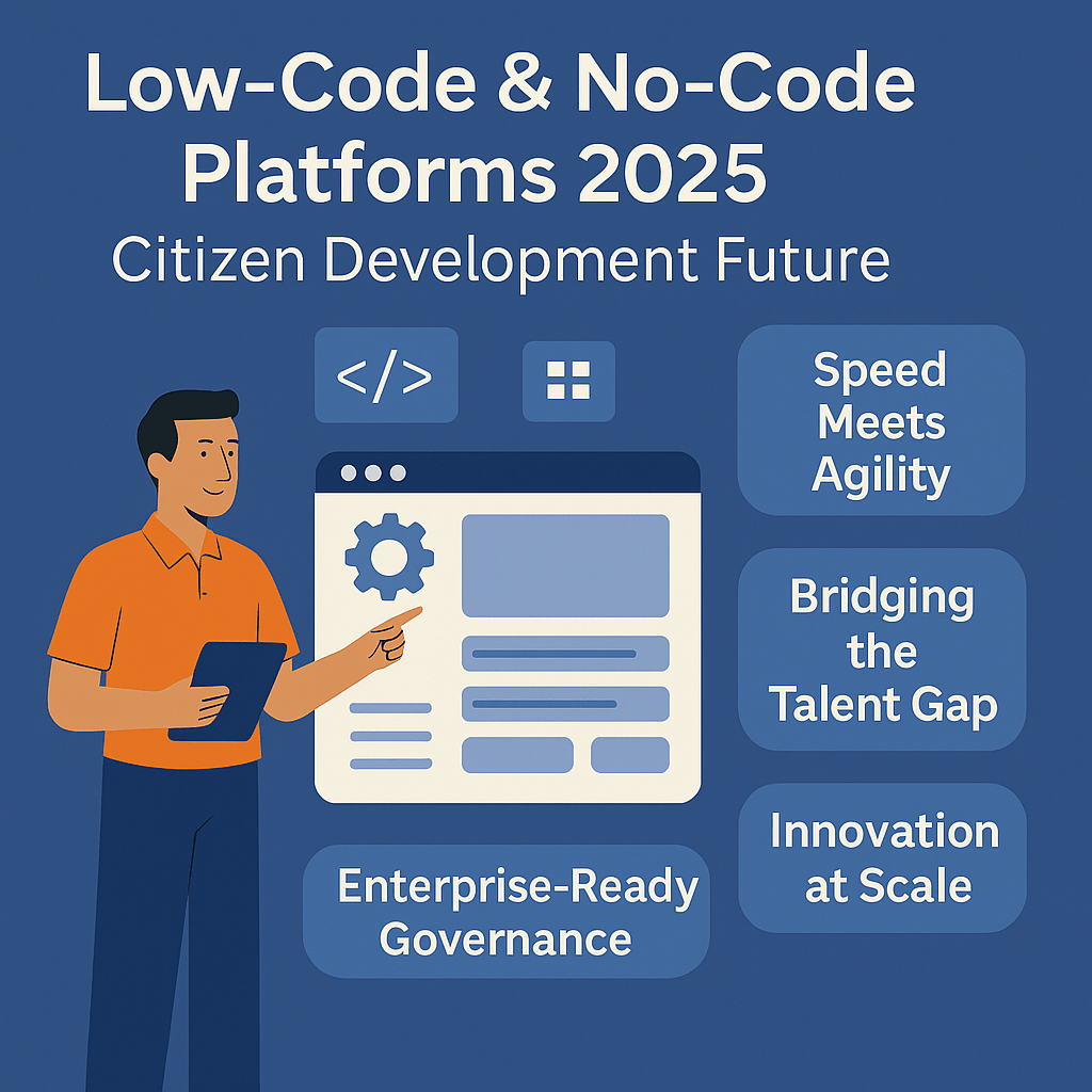 Infographic on Low-Code and No-Code Platforms 2025 showing citizen development benefits like speed, talent gap bridging, governance, and innovation.