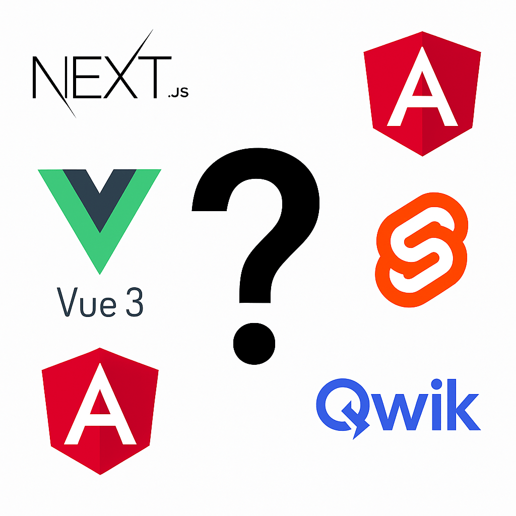 Logos of Next.js, Vue 3, Angular, SvelteKit, and Qwik with a big question mark above, symbolizing the choice of frontend framework in 2025