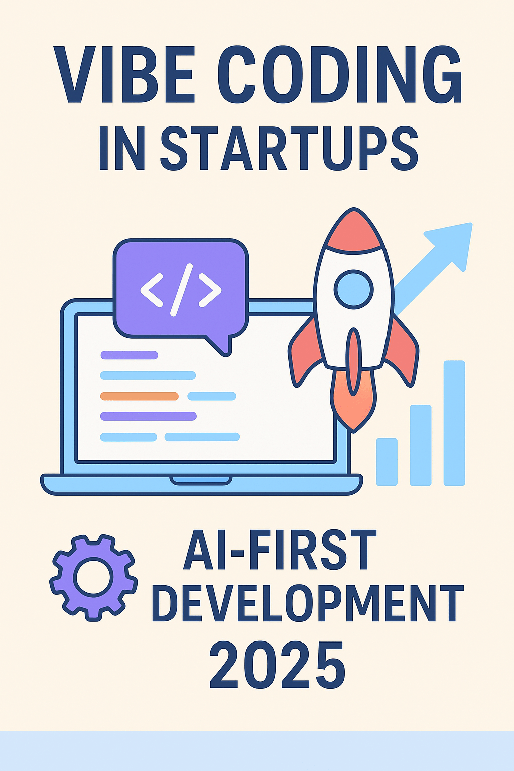 Vector illustration of AI-powered vibe coding with a laptop, rocket, gear, and growth chart representing startups innovating with AI-first development.