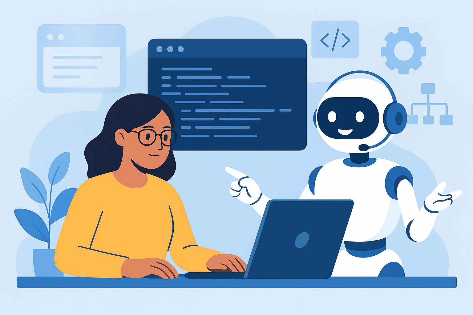 A developer collaborating with an AI co-pilot robot at a modern workstation, surrounded by coding interfaces and digital elements.