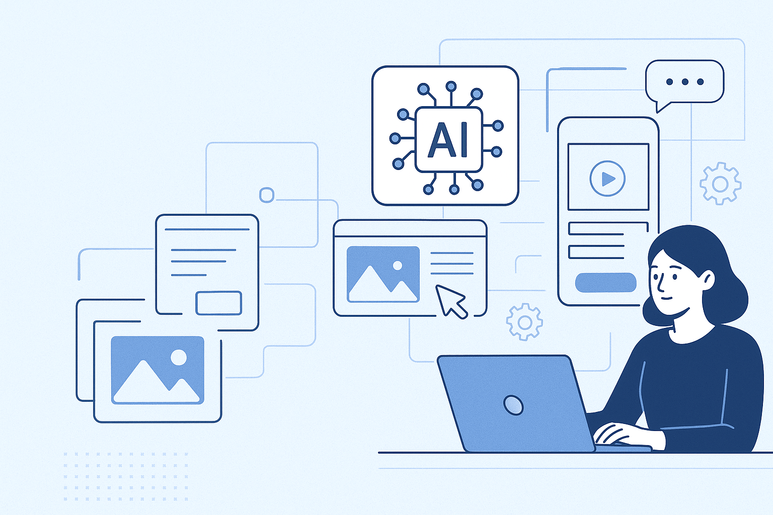 Flat-style digital illustration of a woman using a laptop surrounded by AI and UI/UX design elements, including wireframes, icons, and generative tools.