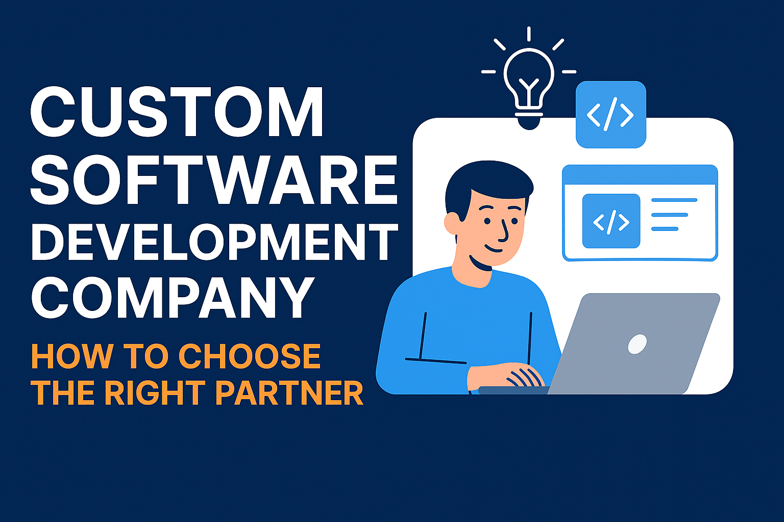Flat-style vector illustration of a developer working on a laptop with coding icons, symbolizing choosing the right custom software development partner.