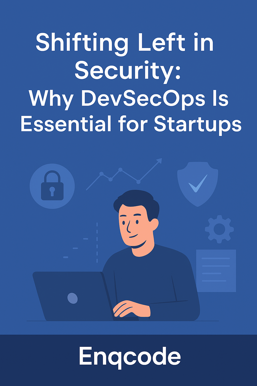 Flat-style illustration of a startup professional working on a laptop with security icons, symbolizing DevSecOps and the shift-left security approach.