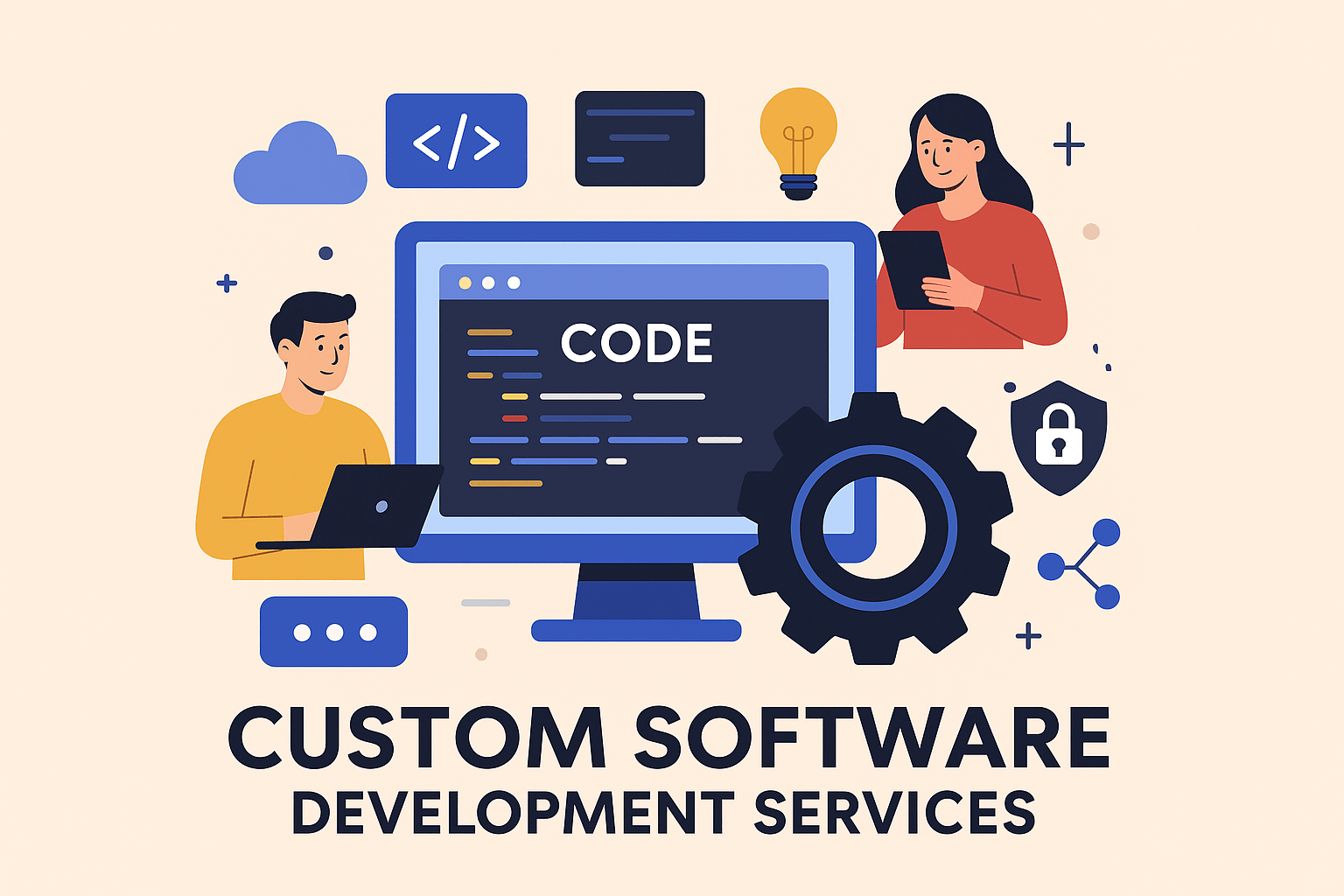 Developers working on custom software code surrounded by gears, cloud, and security icons in a flat vector illustration