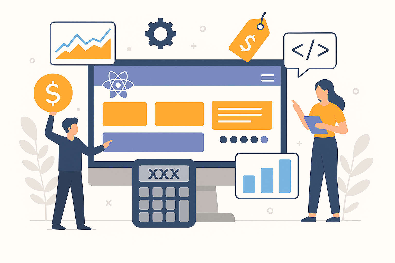 Flat vector illustration of two people analyzing front-end development costs with a calculator displaying “XXX,” surrounded by coding symbols, charts, and design elements.
