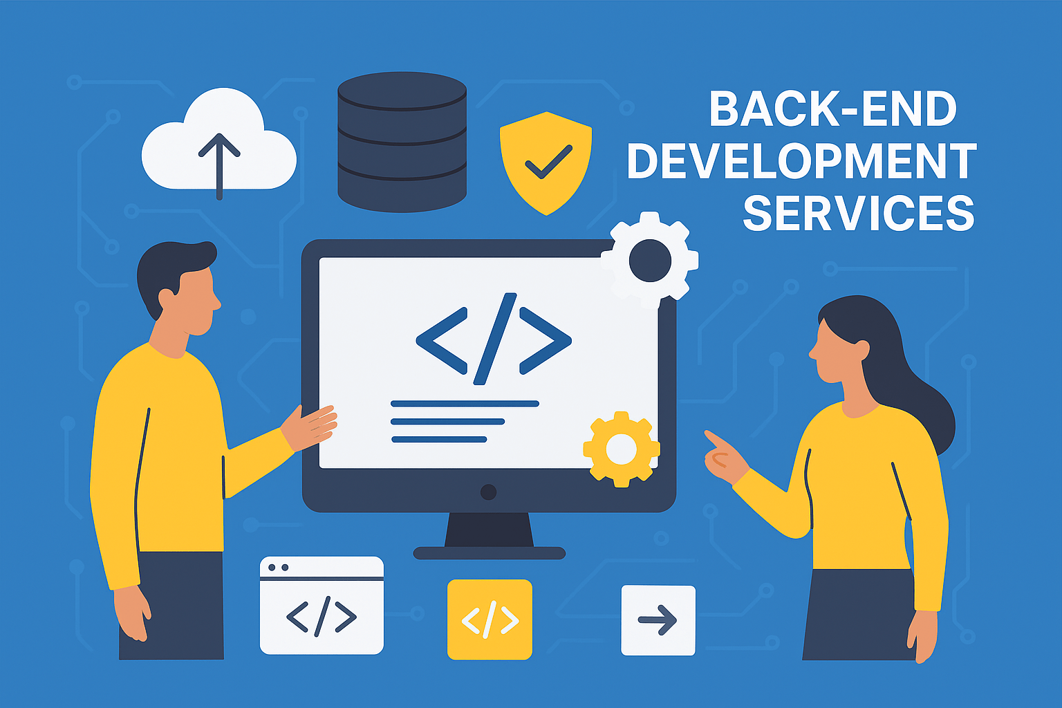 Illustration showing modern back-end development with servers, databases, APIs, cloud integration, and developers collaborating in a digital workspace.