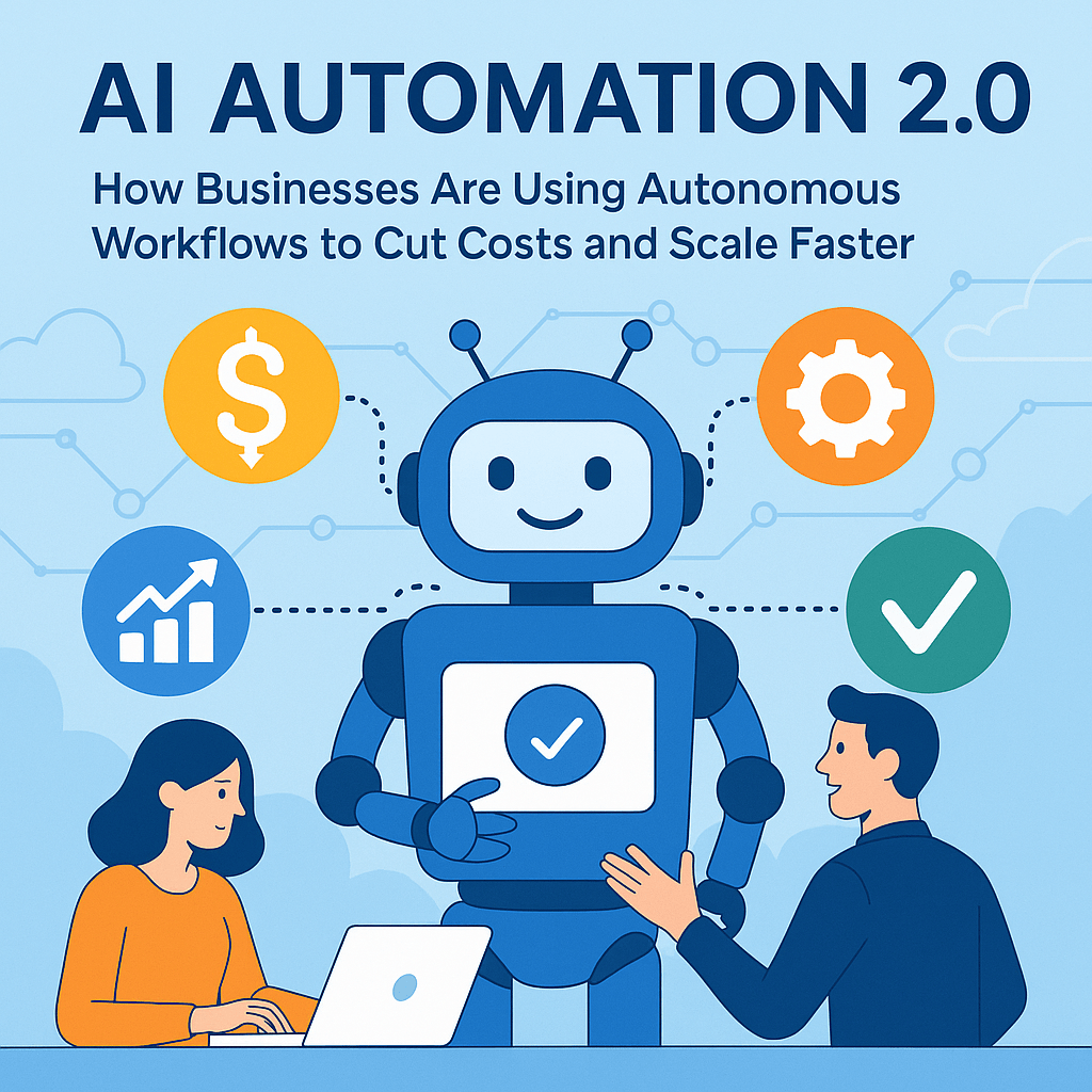 Illustration of AI Automation 2.0 showing a friendly robot assisting business professionals with autonomous workflows, cost reduction, efficiency, and scaling icons.