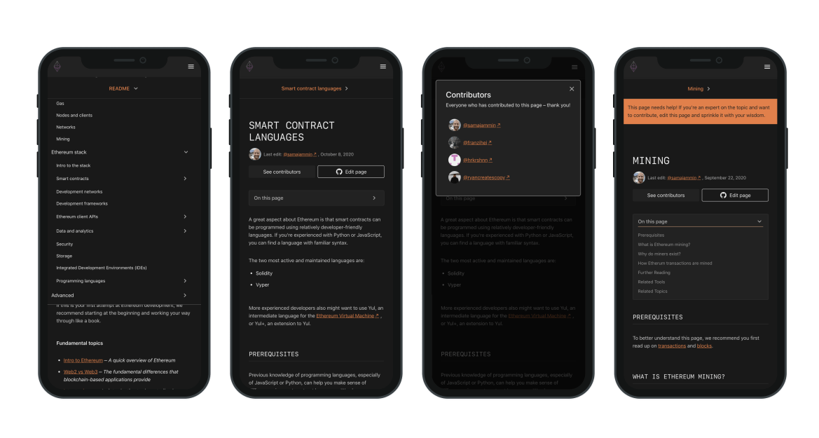 The new ethereum.org developer documentation on mobile