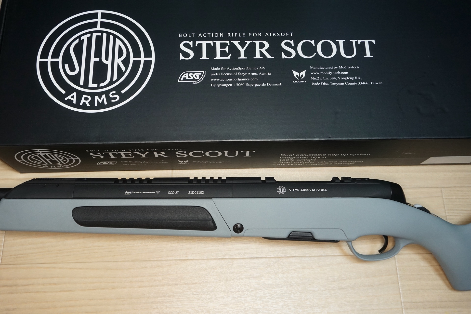 ASG/MODIFY STEYR SCOUT グレー JASG認定済み国内仕様を購入したのでレビューします（外観紹介、初速、飛距離、グルーピング計測）
