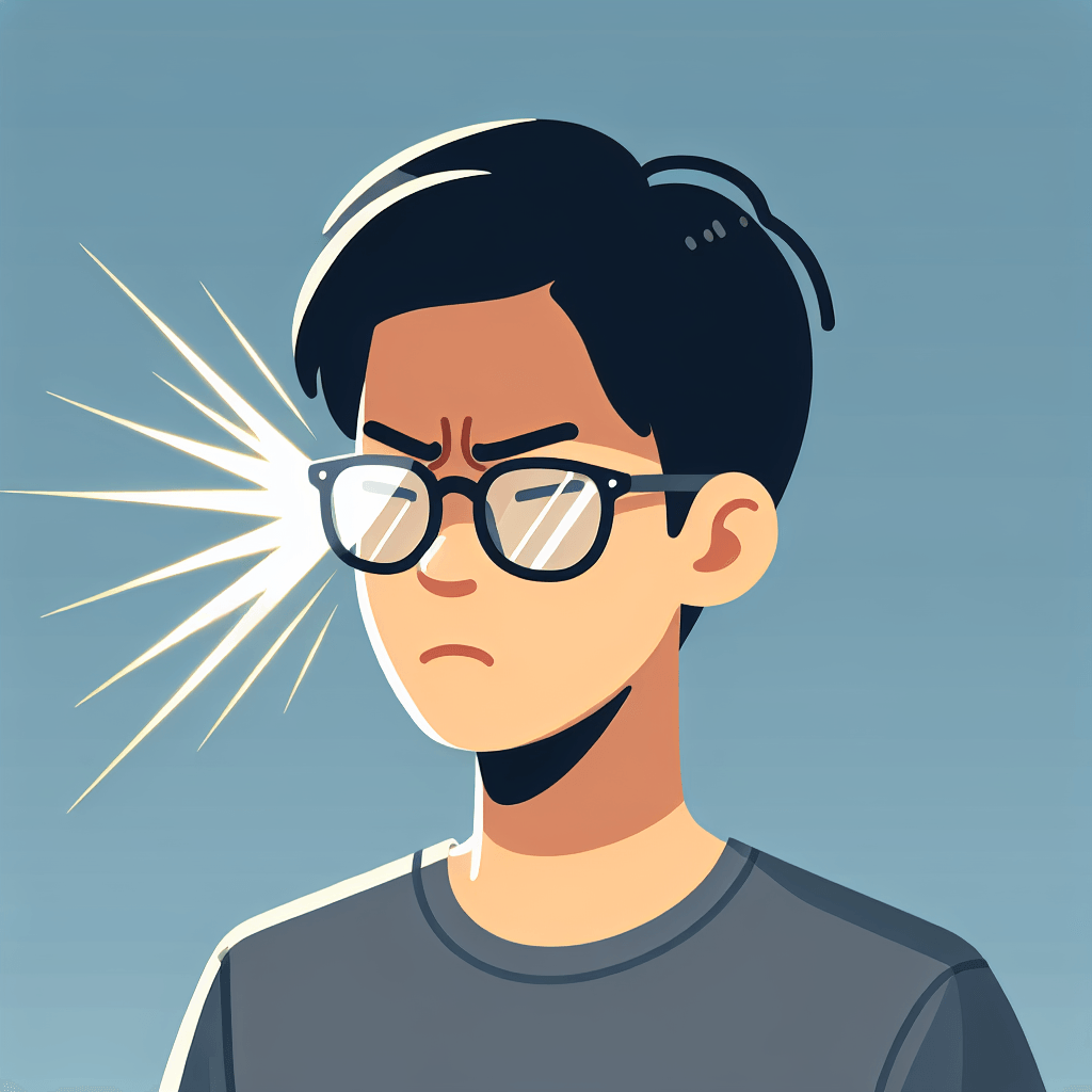 person irritated by eye glasses giving glare flat illustration style