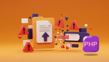 3D illustration showing file upload icons and warning signs, representing security risks and errors in a PHP file upload script.