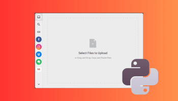 Screenshot showing a Filestack-powered file upload interface with drag-and-drop options and Python logo overlay, demonstrating Python file handling for selecting and uploading files.