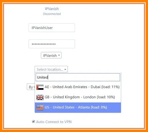FlashRouters Privacy App Screenshot - Connect to IPVanish servers via a drop down menu
