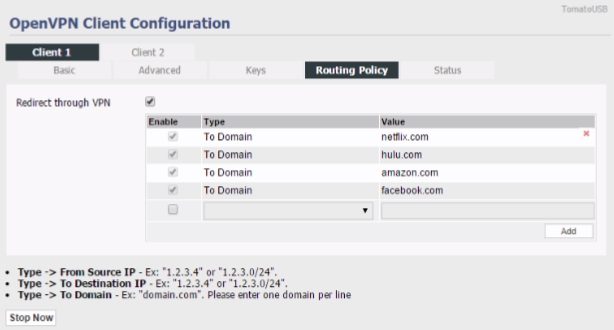 Legacy router routing policy screenshot showing domain-based VPN routing examples