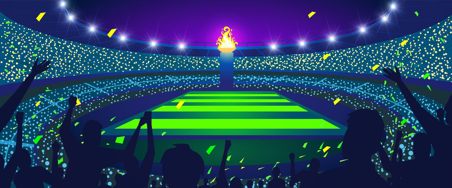 A graphic of a stadium full of people cheering with the Olympic flame in the center