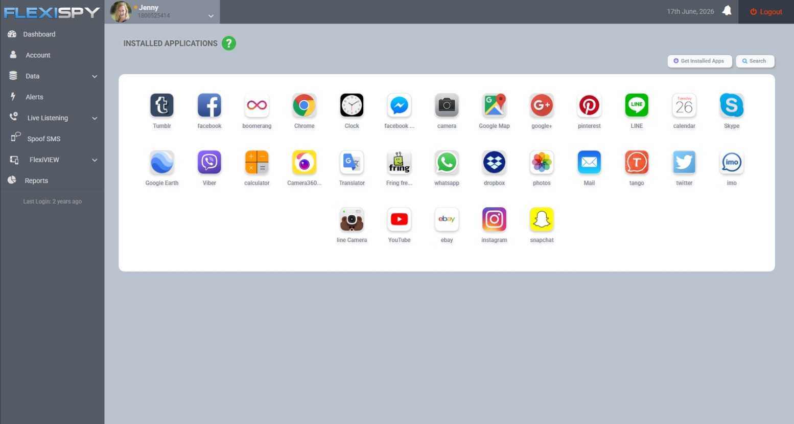 FlexiSPY dashboard showing installed applications on an Android phone