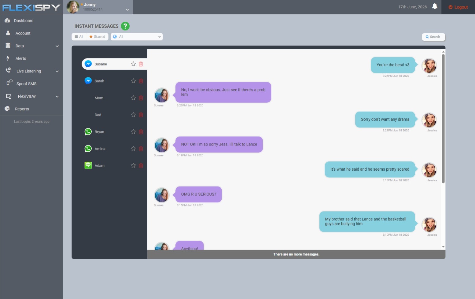 FlexiSPY dashboard view for seeing Android messages after setup