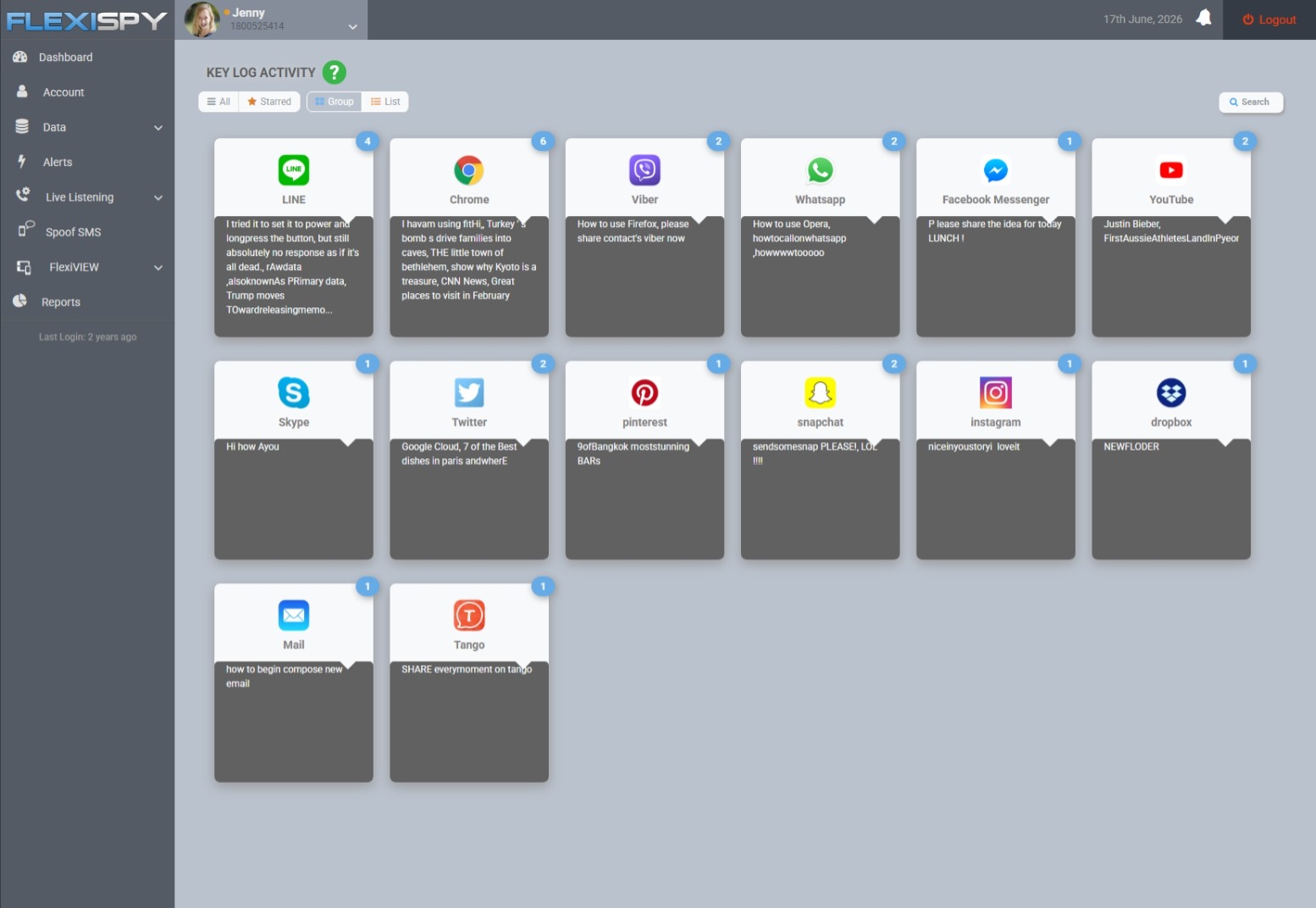 Keylogger activity showing typed Discord and app text captured at the device level