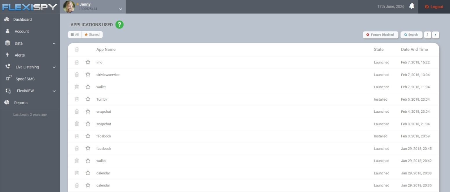 FlexiSPY dashboard showing applications used, relevant to tracking brain rot and teen attention on Android