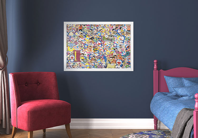 Framed murakami jigsaw puzzle on bedroom wall