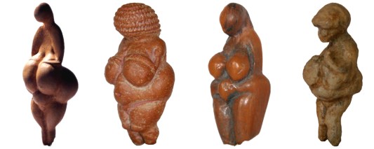 Urmutter-Statuetten: Lespugue (Frankreich), 25.000 Jahre; Willendorf (Österreich), 23.000 Jahre; Grimaldi (Italien), 21.000 Jahre; Gagarino (Russland), 18.000 Jahre. Collage: Gabriele Uhlmann