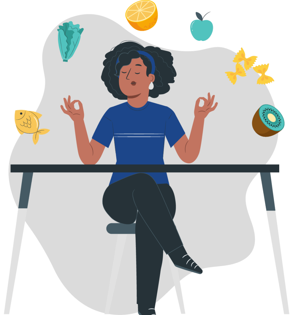 illustration d'une femme à table avec des aliments sains