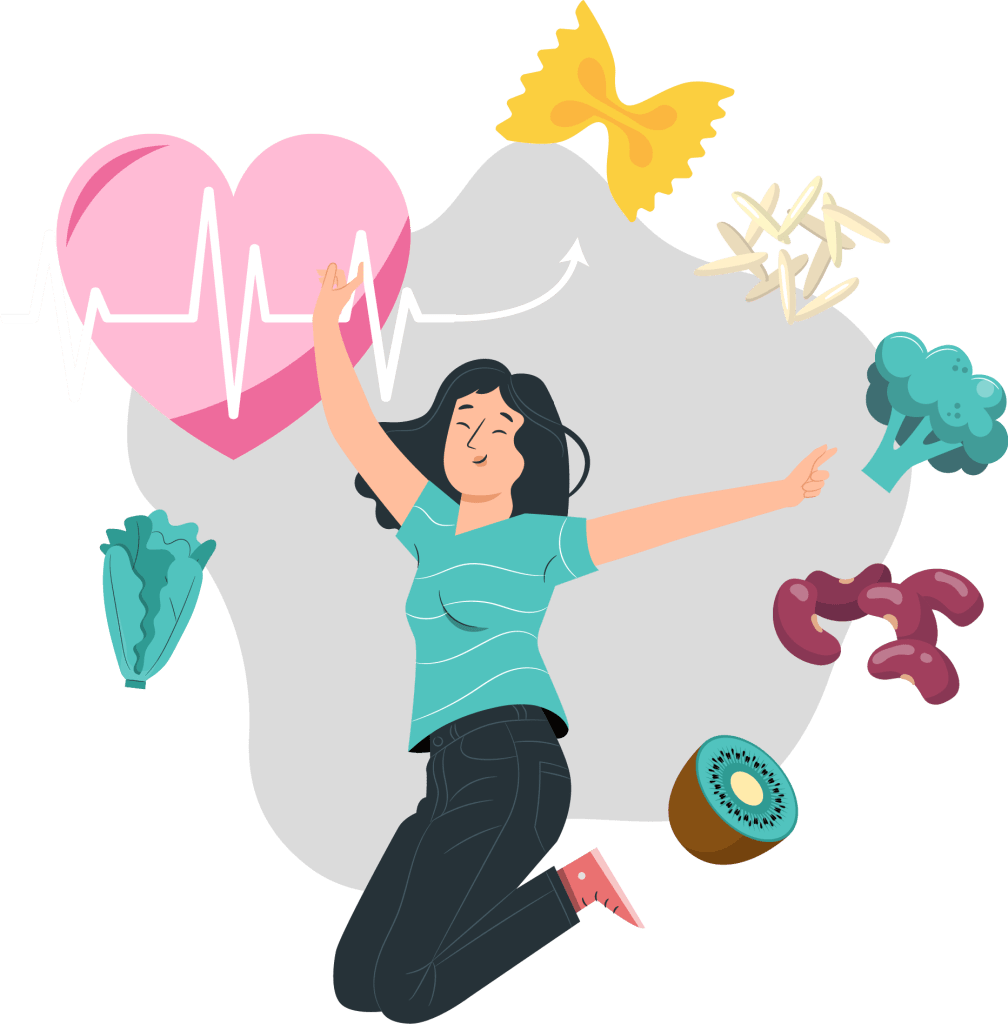 illustration d'une femme qui saute de joie au milieu d'aliments sains (alimentation saine)