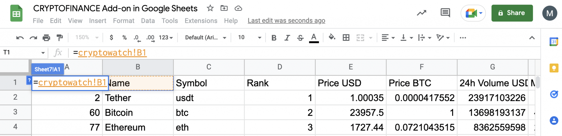 How to Use CRYPTOFINANCE Add-On for Google Sheets | Layer Blog (16) How to Use CRYPTOFINANCE Add-On for Google Sheets | Layer Blog (16)