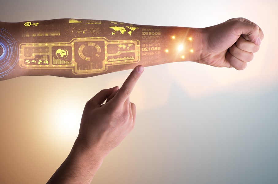 Human robotic hand in futuristic concept