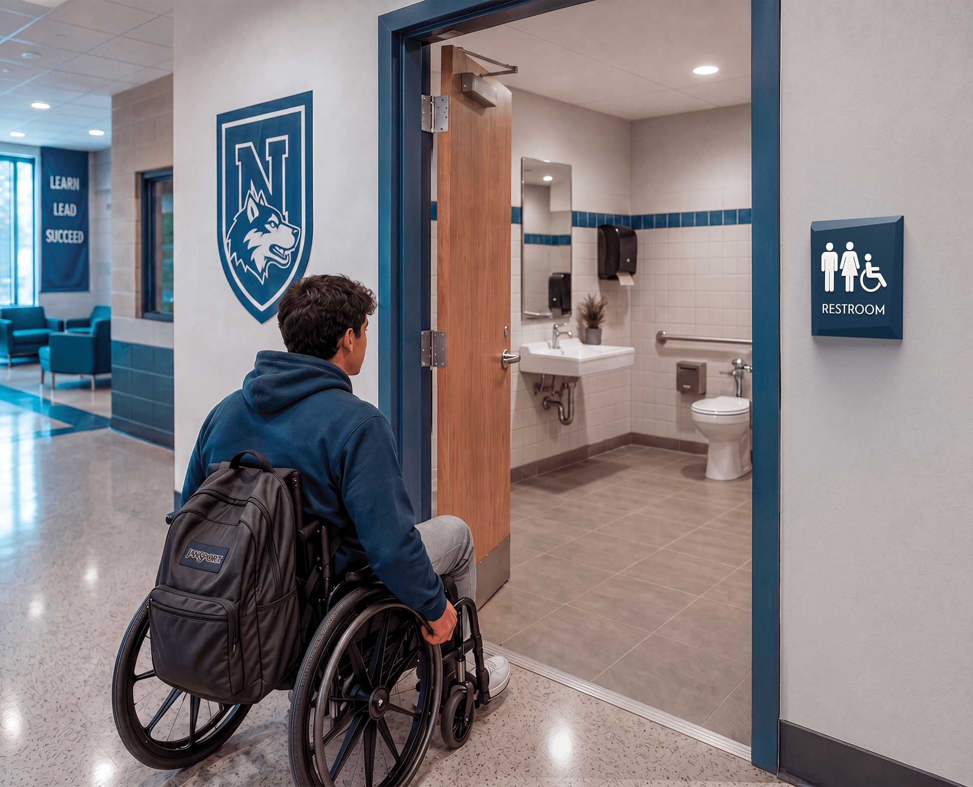 Facets restroom sign with unisex and ISA accessibility symbols mounted outside an accessible high school restroom.