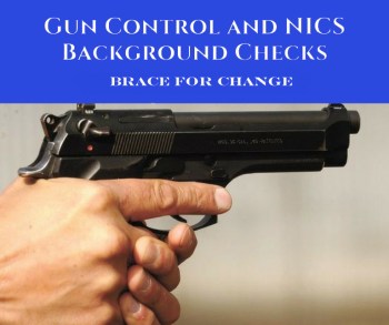 Gun Control and NICS background checks with hand holding a pistol