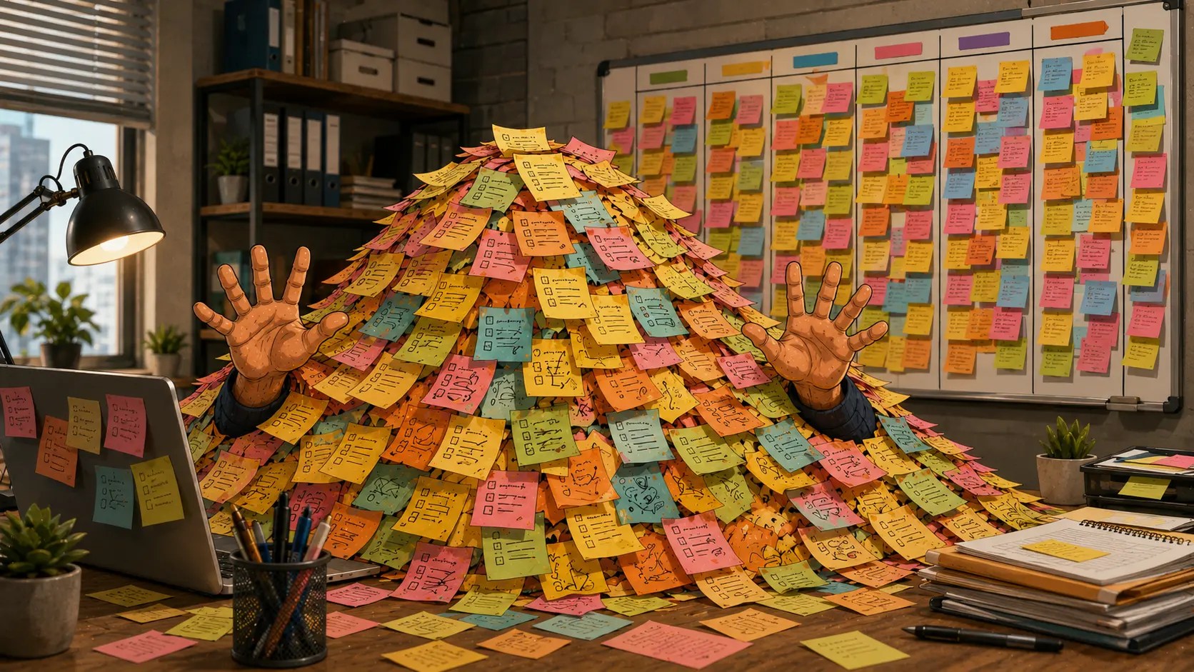 Ilustração de um ambiente de trabalho onde uma pessoa está completamente soterrada por uma enorme montanha de post-its, com apenas as mãos visíveis. Ao fundo, um quadro Kanban está lotado de cartões, reforçando visualmente o excesso de trabalho em andamento (WIP) e a perda de fluxo causada pelo acúmulo de demandas.