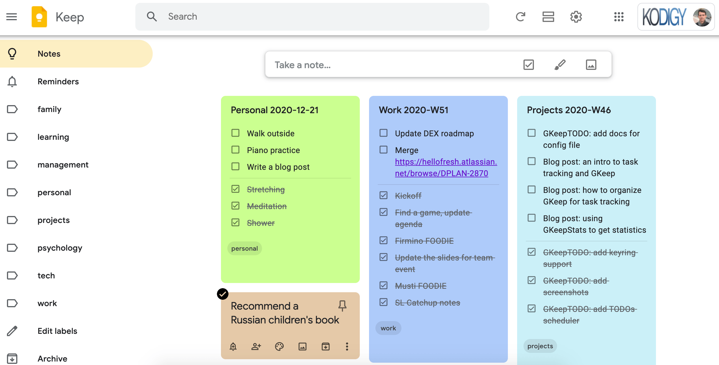 Google keep framework for todo and goal tracking-