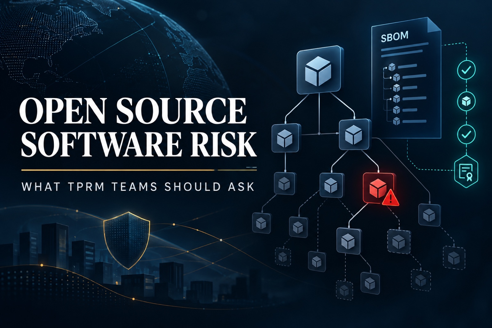 Open source software dependency tree with SBOM evidence and a highlighted vulnerable package