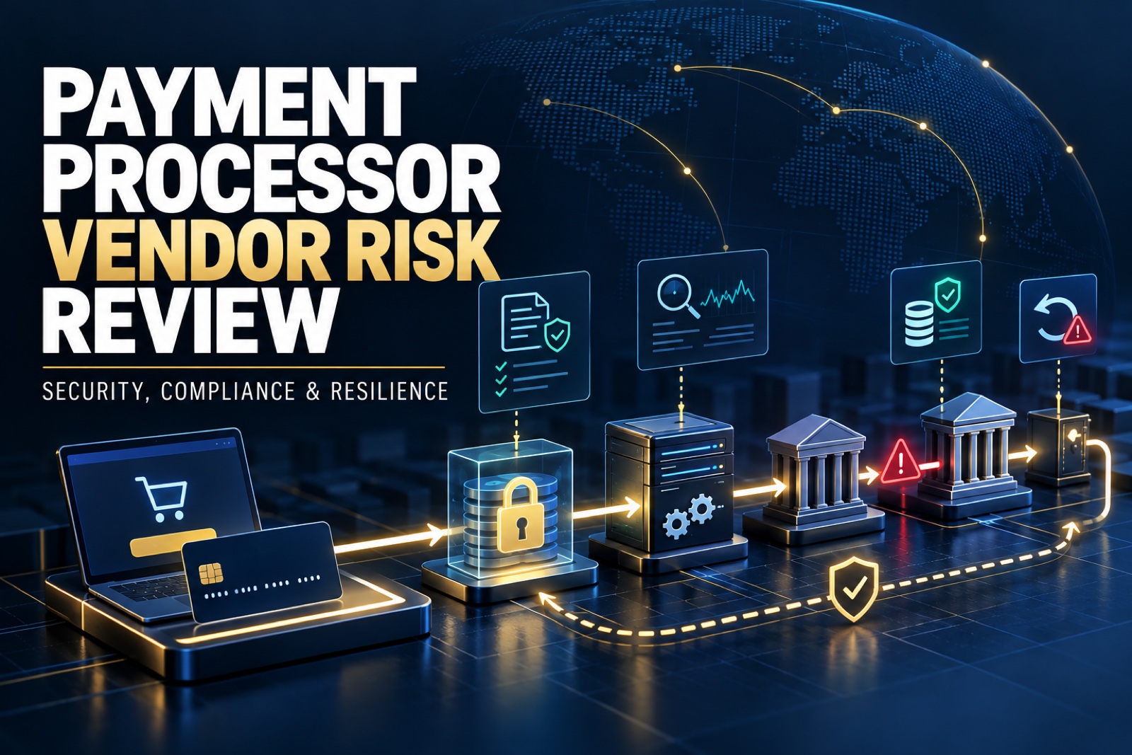 Payment processor vendor risk review showing secure transaction flow, token vault, compliance evidence, settlement, resilience, and an alert checkpoint