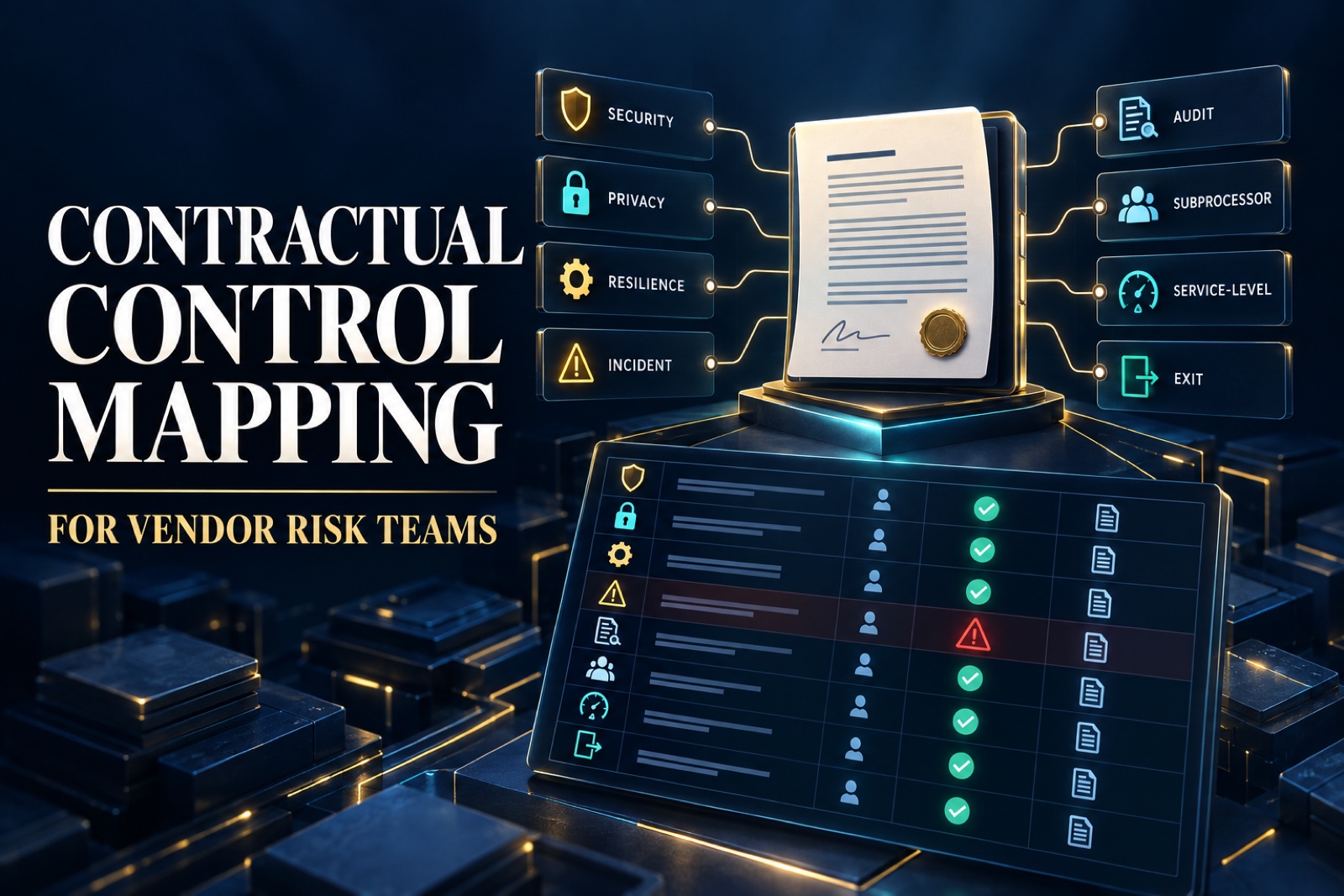 Contractual control mapping matrix connecting vendor contract clauses to security, privacy, resilience, incident, audit, subprocessor, service-level, and exit controls