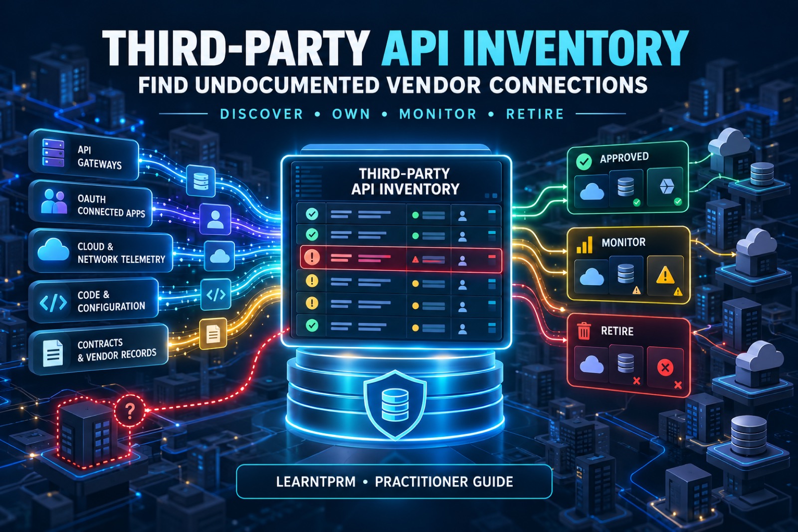Third-party API inventory showing gateways, OAuth apps, telemetry, code, and contracts revealing undocumented vendor connections for approval, monitoring, or retirement.