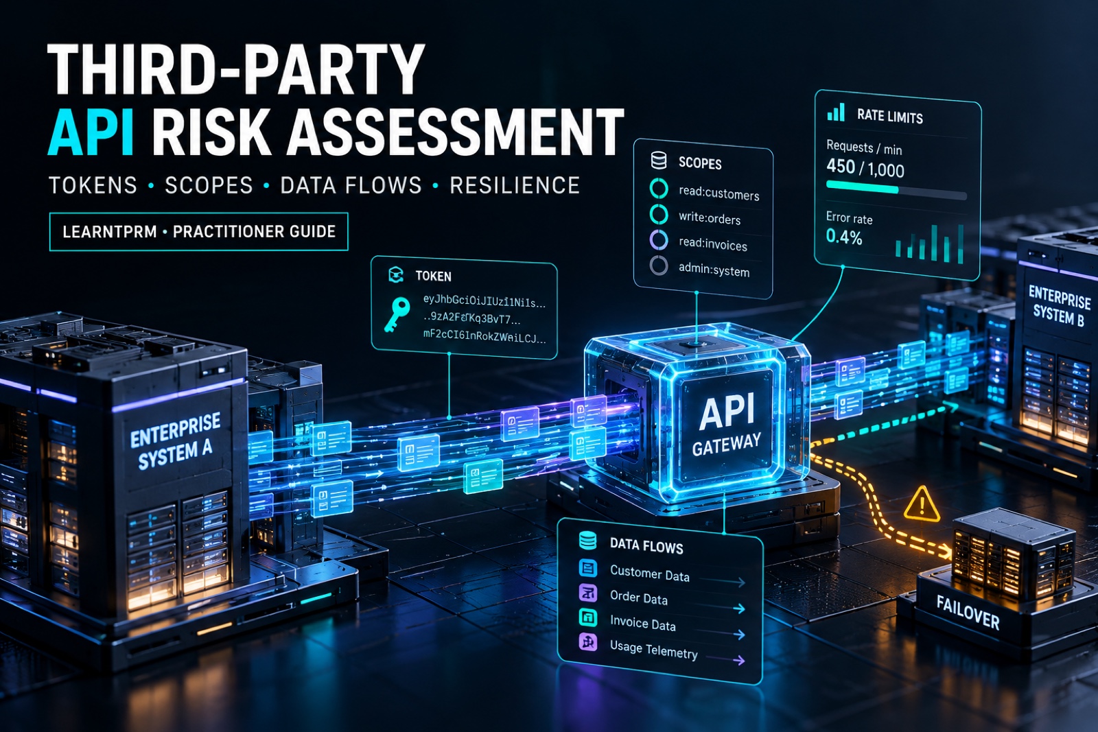 Third-party API risk assessment showing secure tokens, permission scopes, governed data flows, rate limits, and resilient failover.