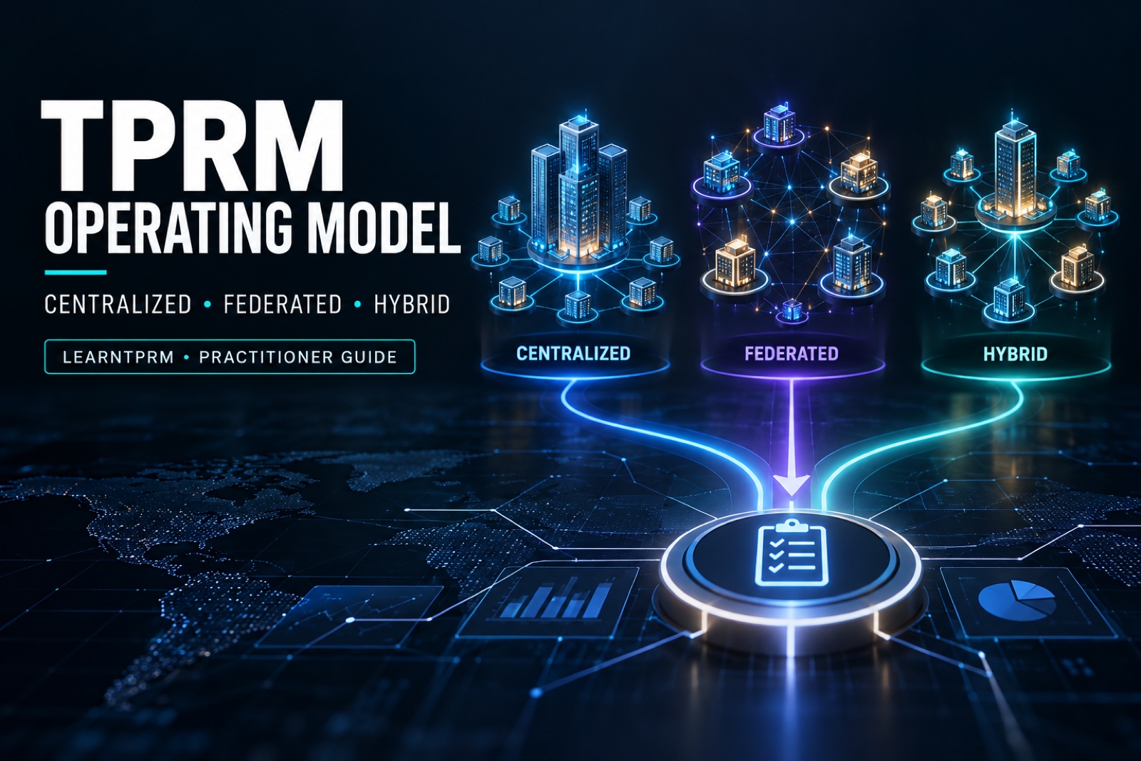 TPRM operating model comparison showing centralized, federated, and hybrid third-party risk governance structures.