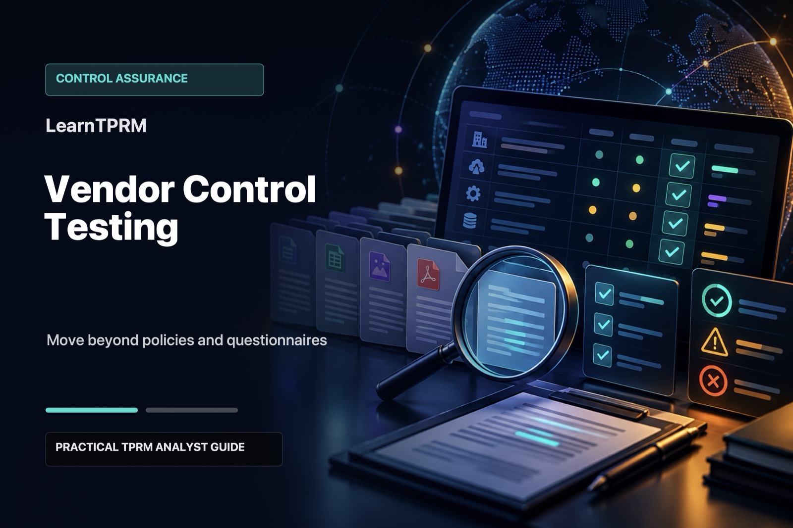 Vendor control testing workspace showing sampled evidence, a control matrix, verification checks, and evidence review.