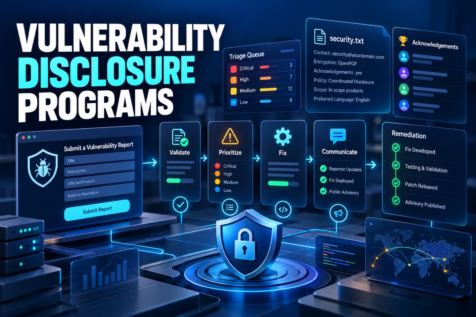 Vulnerability disclosure program with security reporting, triage, remediation, and coordinated communication workflow