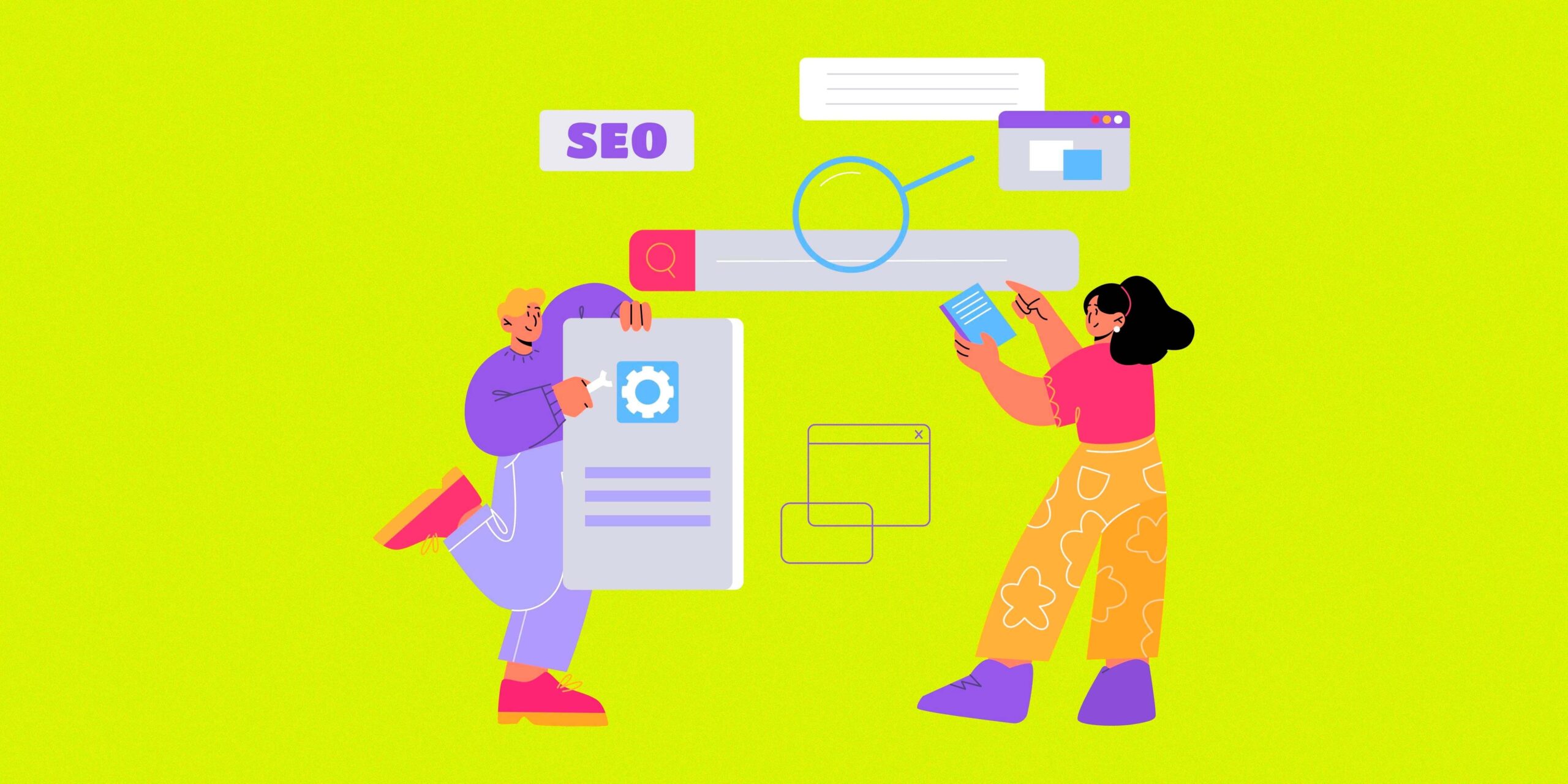 Arte mostrando duas pessoas trabalhando o SEO e SRO no google.