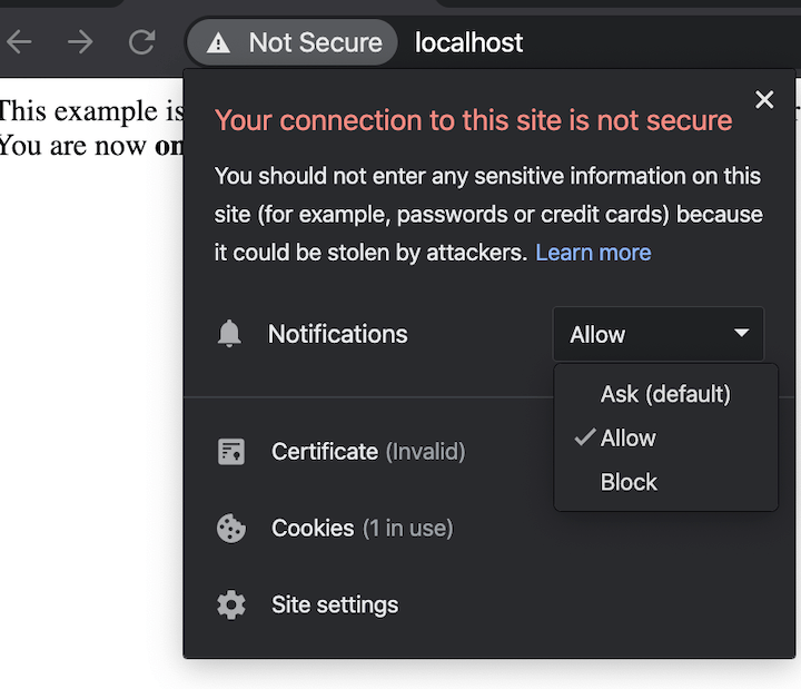 Web Browser Notification Options Dropdown