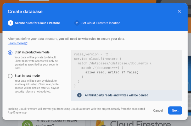 The Firestore modal used to create a database.