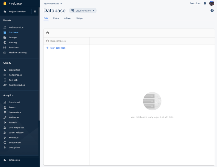 Our newly-created Firestore database.