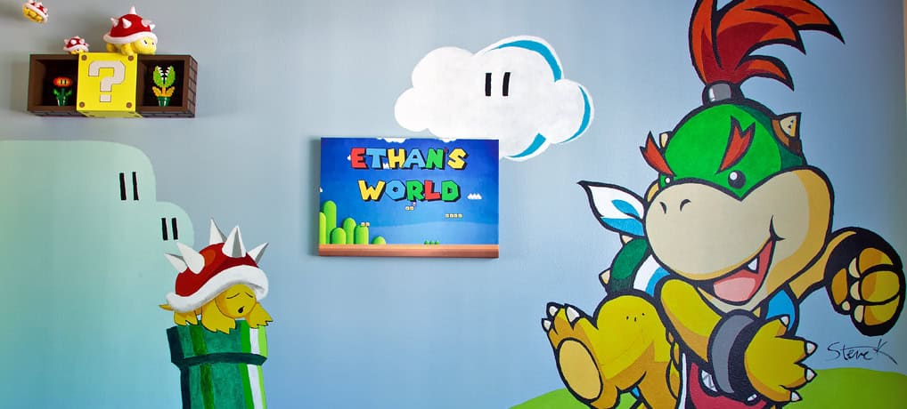 Nintendo Super Mario themed baby nursery, featuring a Bowser Jr. wall mural