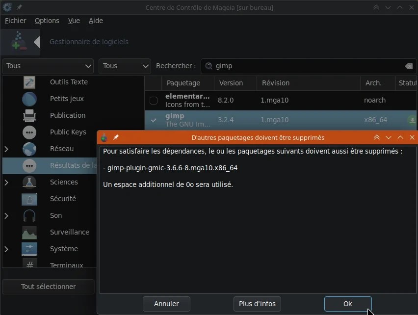 Désinstaller Gimp via le Centre de Contrôle de Mageia