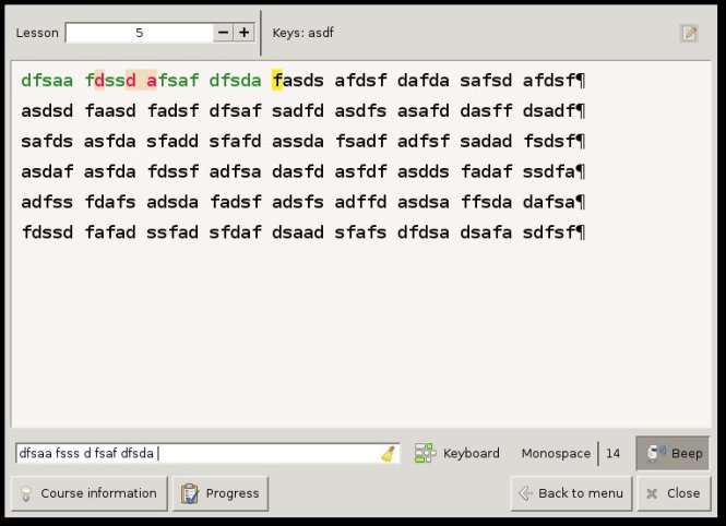 Klavaro - leçon 5 - main gauche lettes asfd (sur qwerty) qsdf (sur azerty)