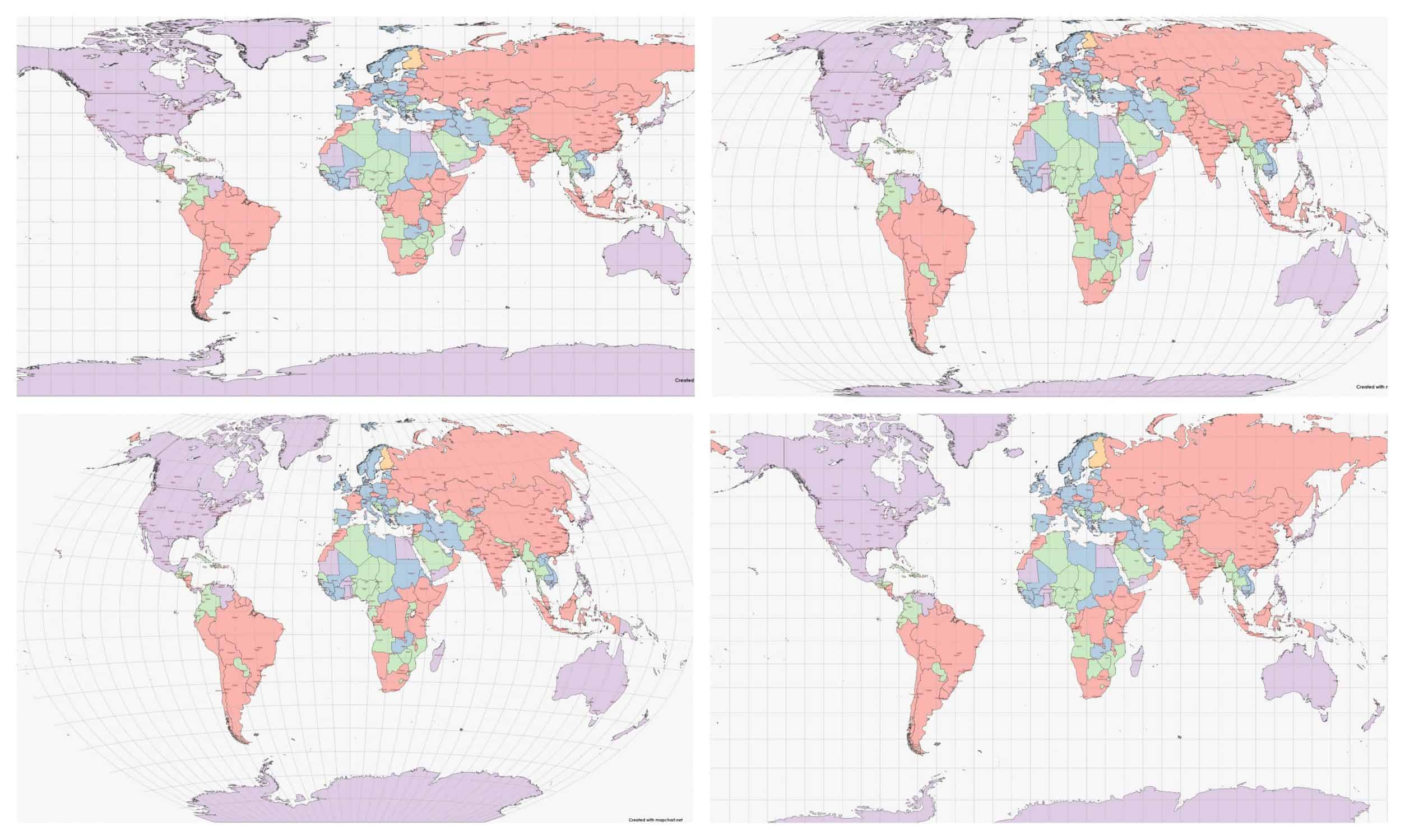A Quick Guide To Map Projections Blog MapChart Four Map Projections Scaled 
