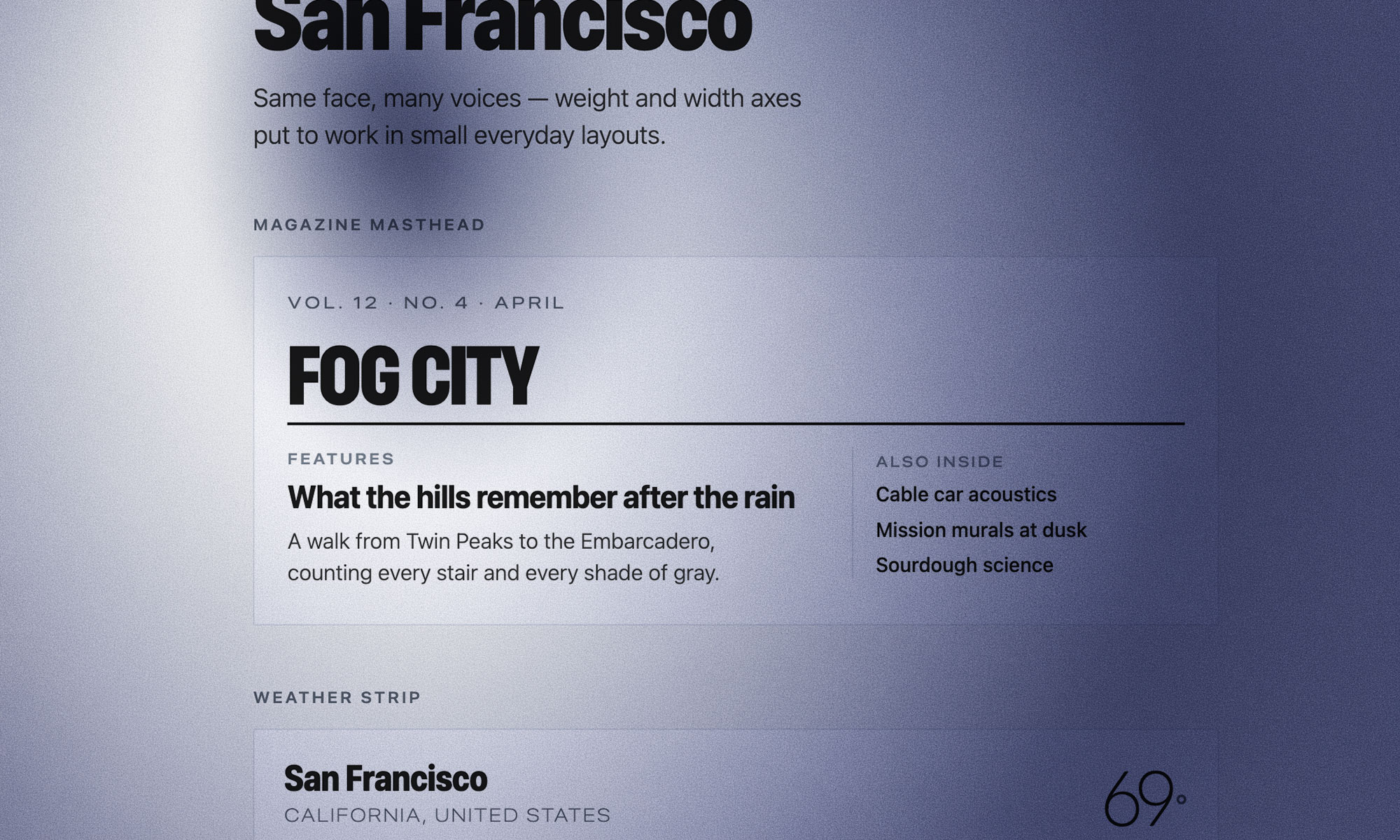 Post Thumbnail for Reminder that `system-ui` is well supported, when you use it on macOS you get San Francisco which is a variable font, which is fun, and the fallbacks are pretty good.
